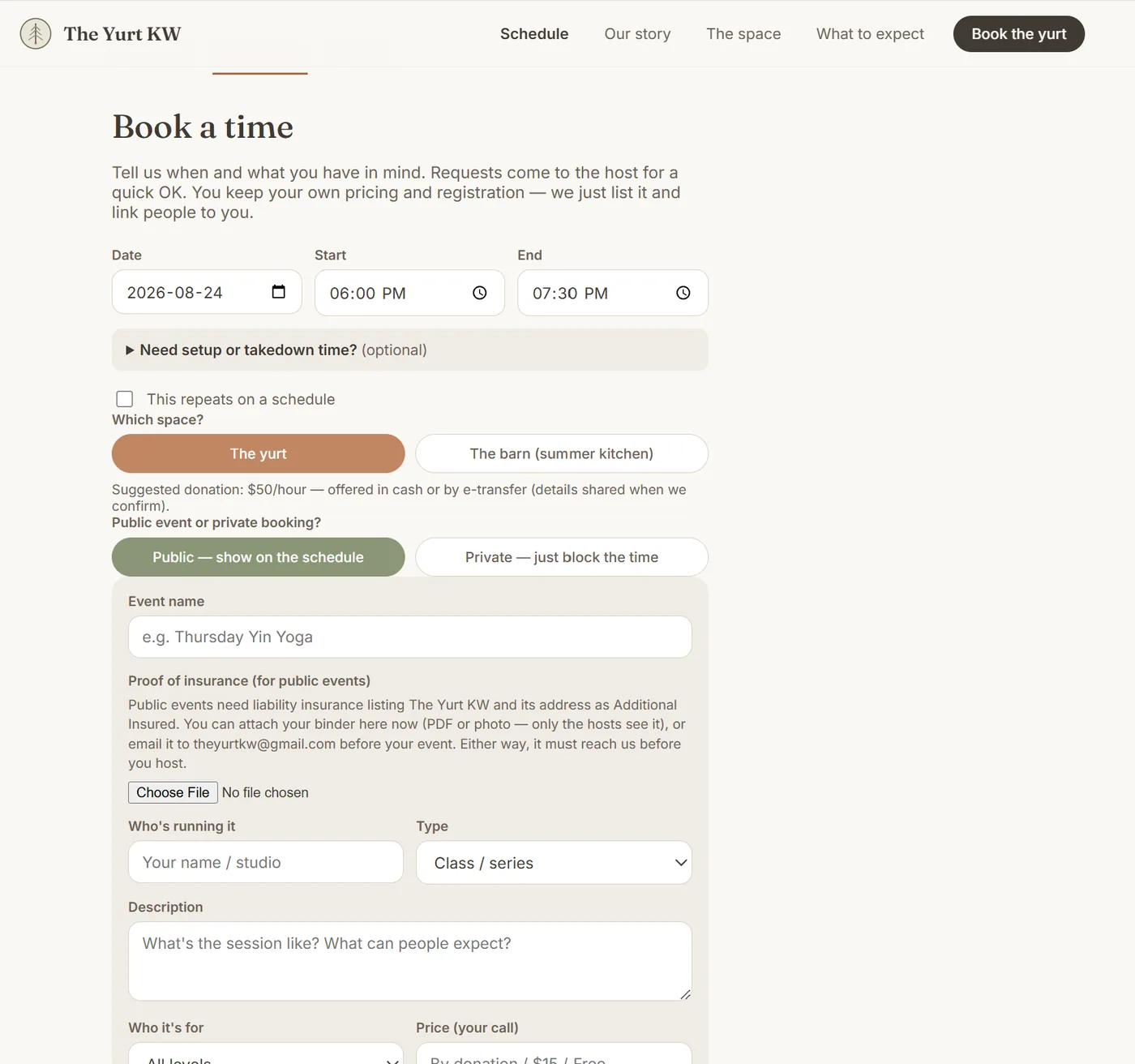 The Yurt KW custom booking form — date and time, space selection, public or private event, insurance upload and event details