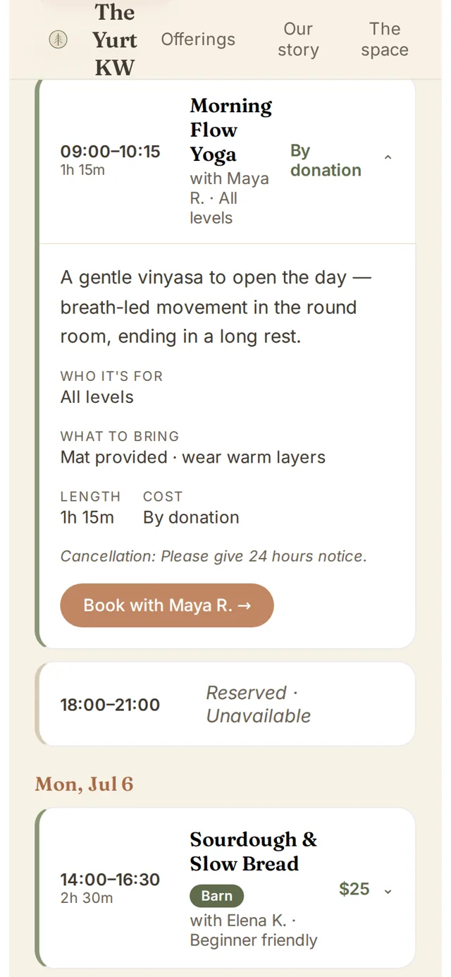 The Yurt KW public schedule with an expanded event card